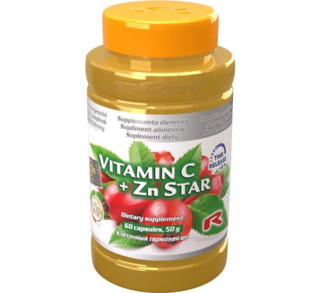 VITAMIN C + Zn STAR - pre podporu obranyschopnosti organizmu a normálneho stavu kostí, vlasov, nechtov, pokožky a zraku, Starlife 60 kapsúl